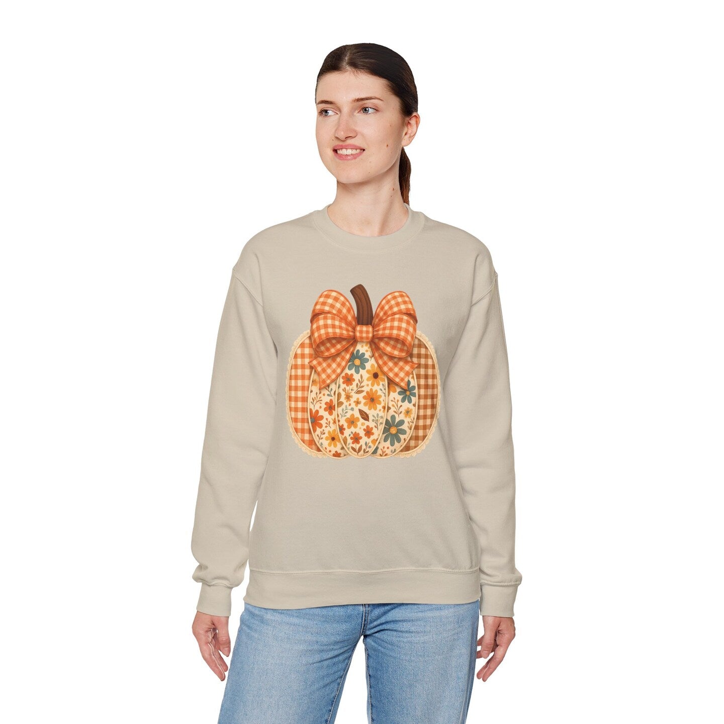 Pumpkin Crew Neck Sweatshirt Floral Gingham Plaid Coquette Bow Orange Fall Autumn Farm Country