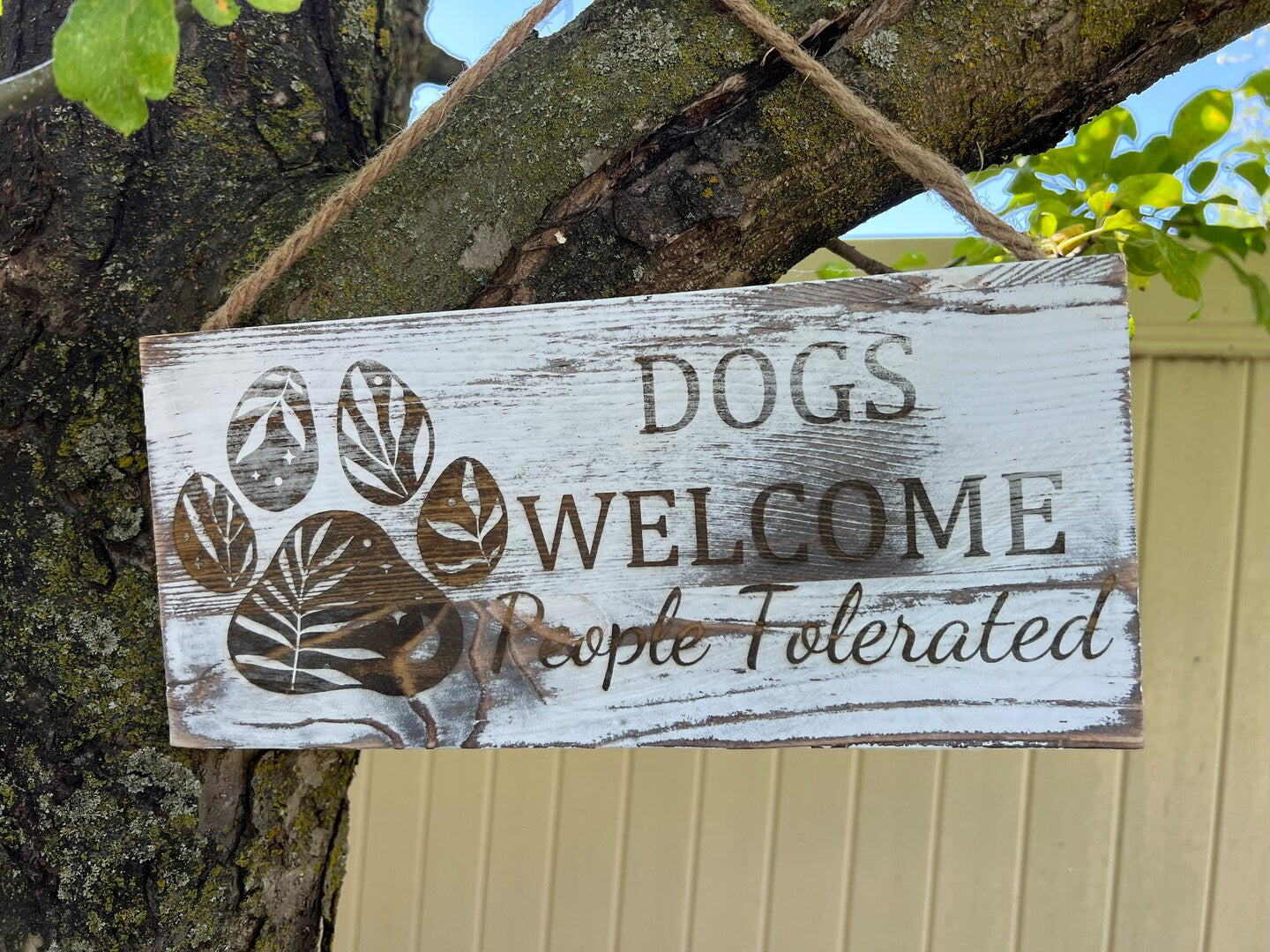 Dogs Welcome People Tolerated Rustic Wood White Brown Slate Hanging Sign Plaque Boho Farmhouse Puppy Decor Dog Decor