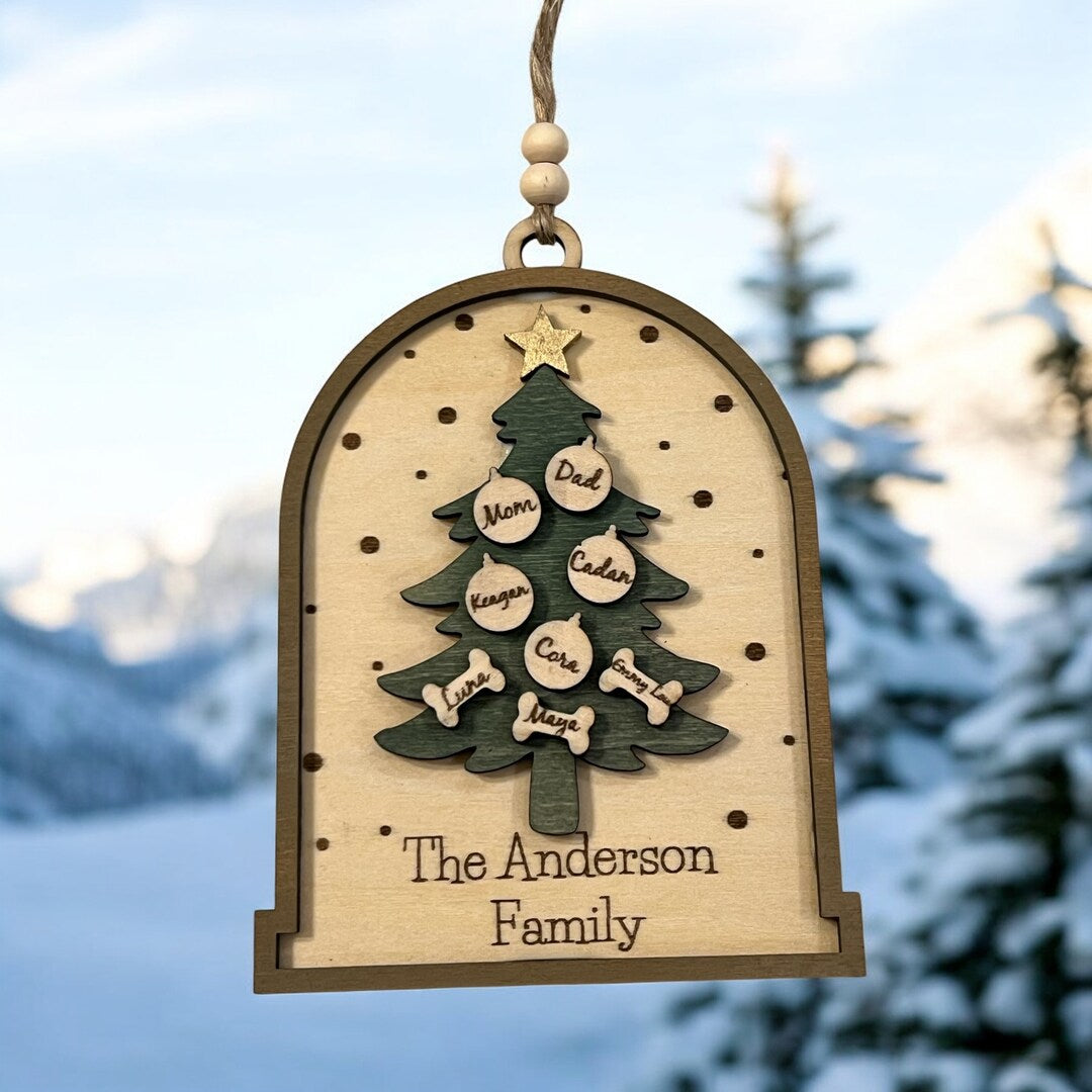 Family Christmas Tree Ornament Holiday Wood Personalized Family Names Cats Dogs Pets Farmhouse Rustic Boho
