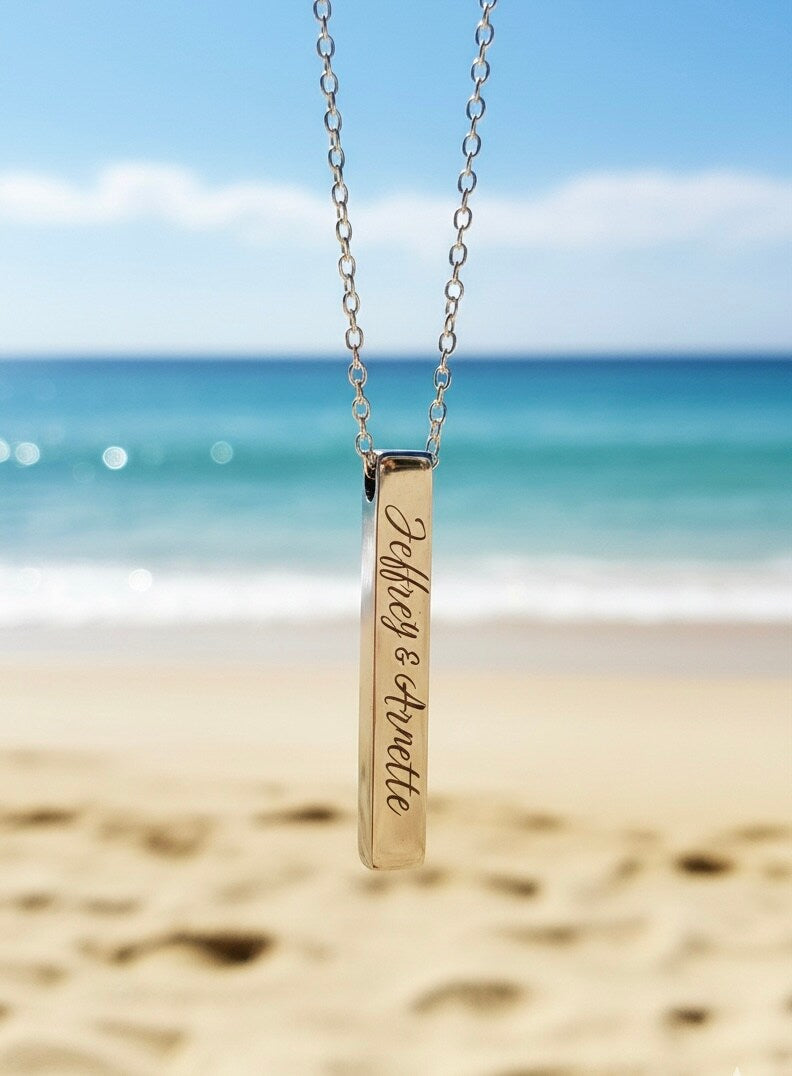 Personalized Couples Anniversary Wedding Stainless Column Necklace Pendant Silver Rectangle Engraved