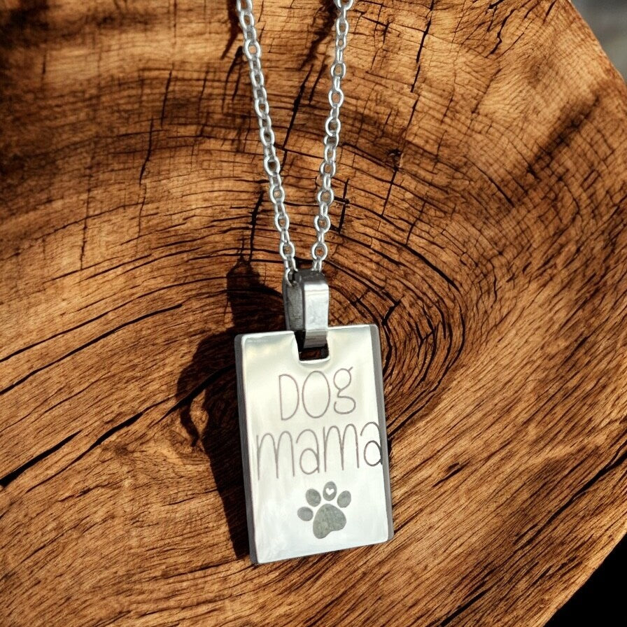 Dog Mama Cat Mama Heart Paw Pendant Charm Necklace Personalized Silver Square Rectangle Pet Mom