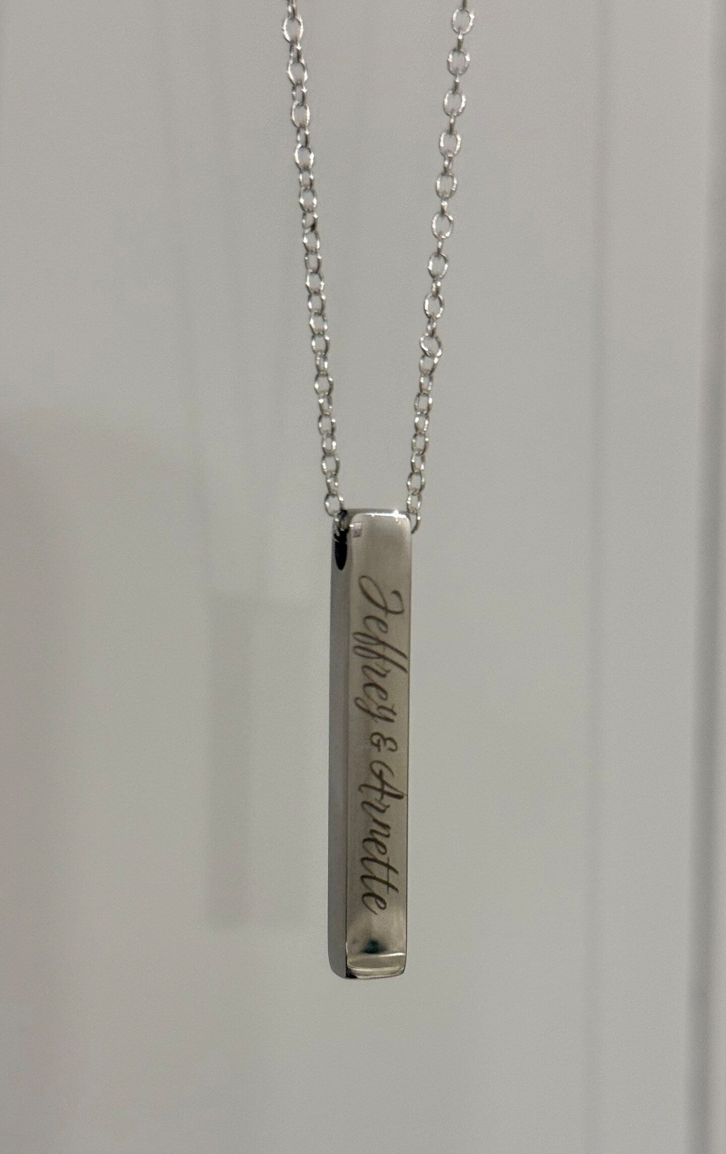 Personalized Couples Anniversary Wedding Stainless Column Necklace Pendant Silver Rectangle Engraved