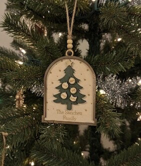 Family Christmas Tree Ornament Holiday Wood Personalized Family Names Cats Dogs Pets Farmhouse Rustic Boho