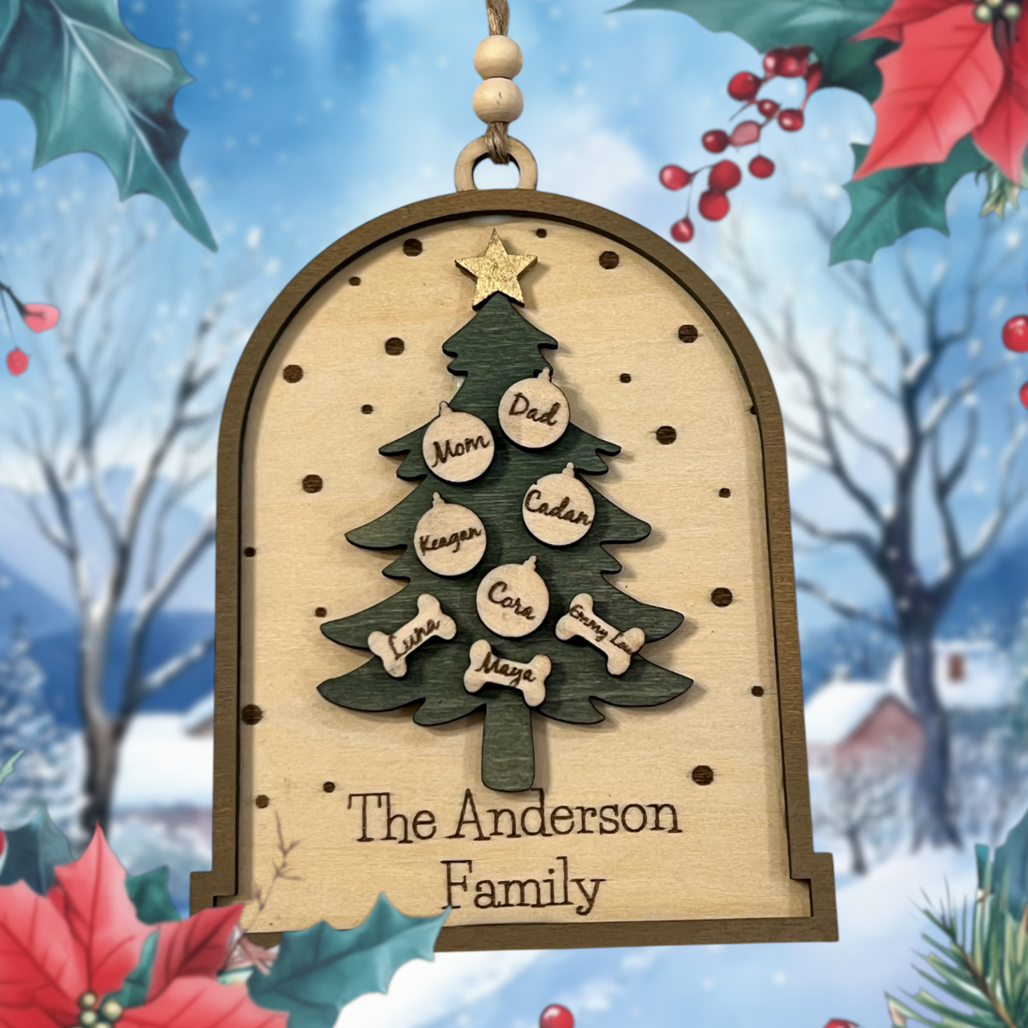 Family Christmas Tree Ornament Holiday Wood Personalized Family Names Cats Dogs Pets Farmhouse Rustic Boho