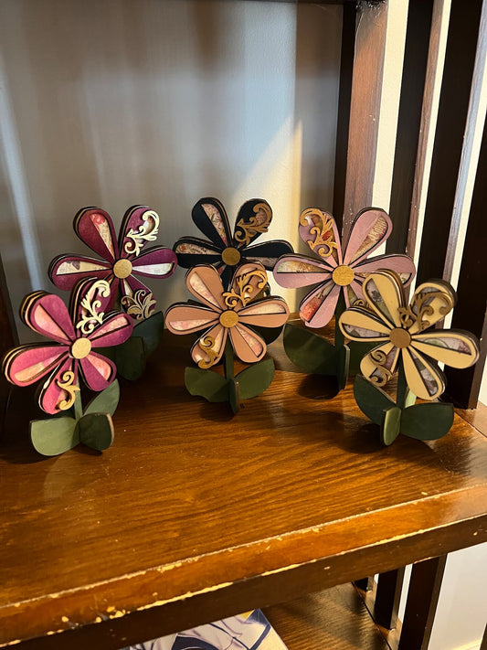 Wood Flower Table Decor Spring Summer Colorful Gold Flourish Handmade Boho Farmhouse Home Decor