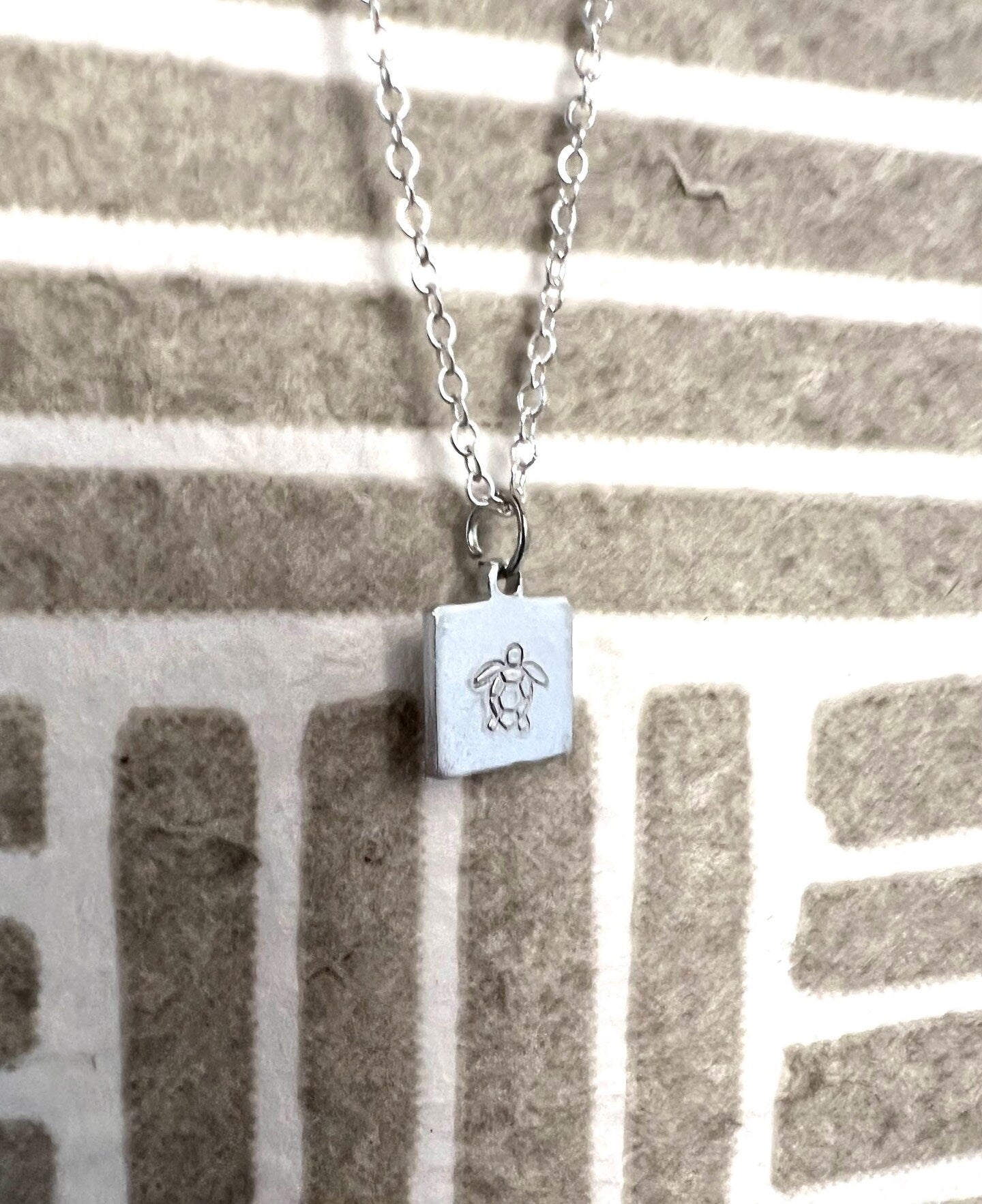 Sea Turtle Tortoise Necklace Pendant Square Tiny Minimalist Metal Gold Silver Boho Metal Stamped Engraved