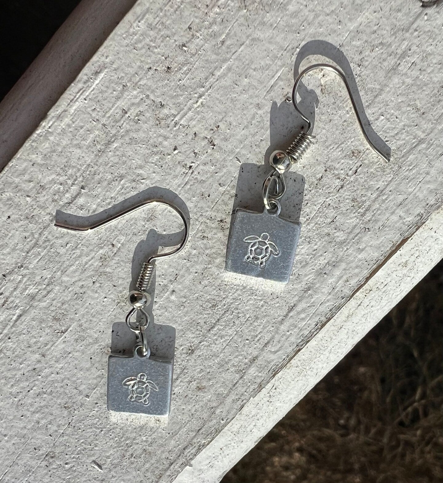 Handmade Sea Turtle Tortoise Tiny Dainty Dangle Earring Square Stamped Etched Metal Gold Silver Minimalist