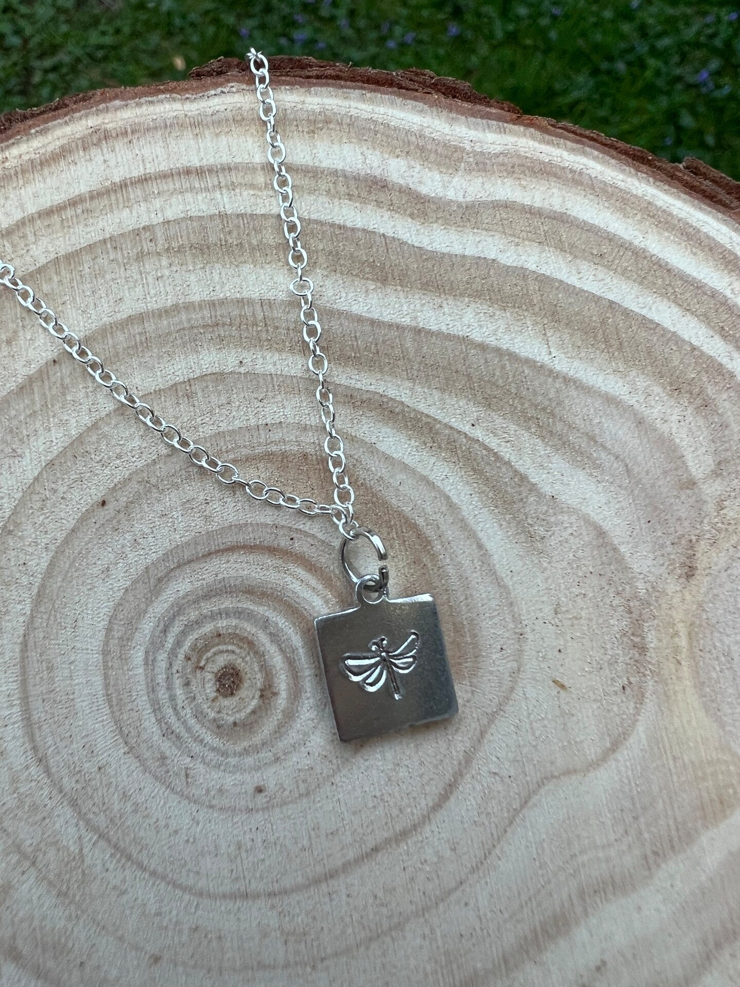 Firefly Dragonfly Tiny Pendant Necklace Handmade Minimalist Square Plate Silver Gold Stamped Engraved