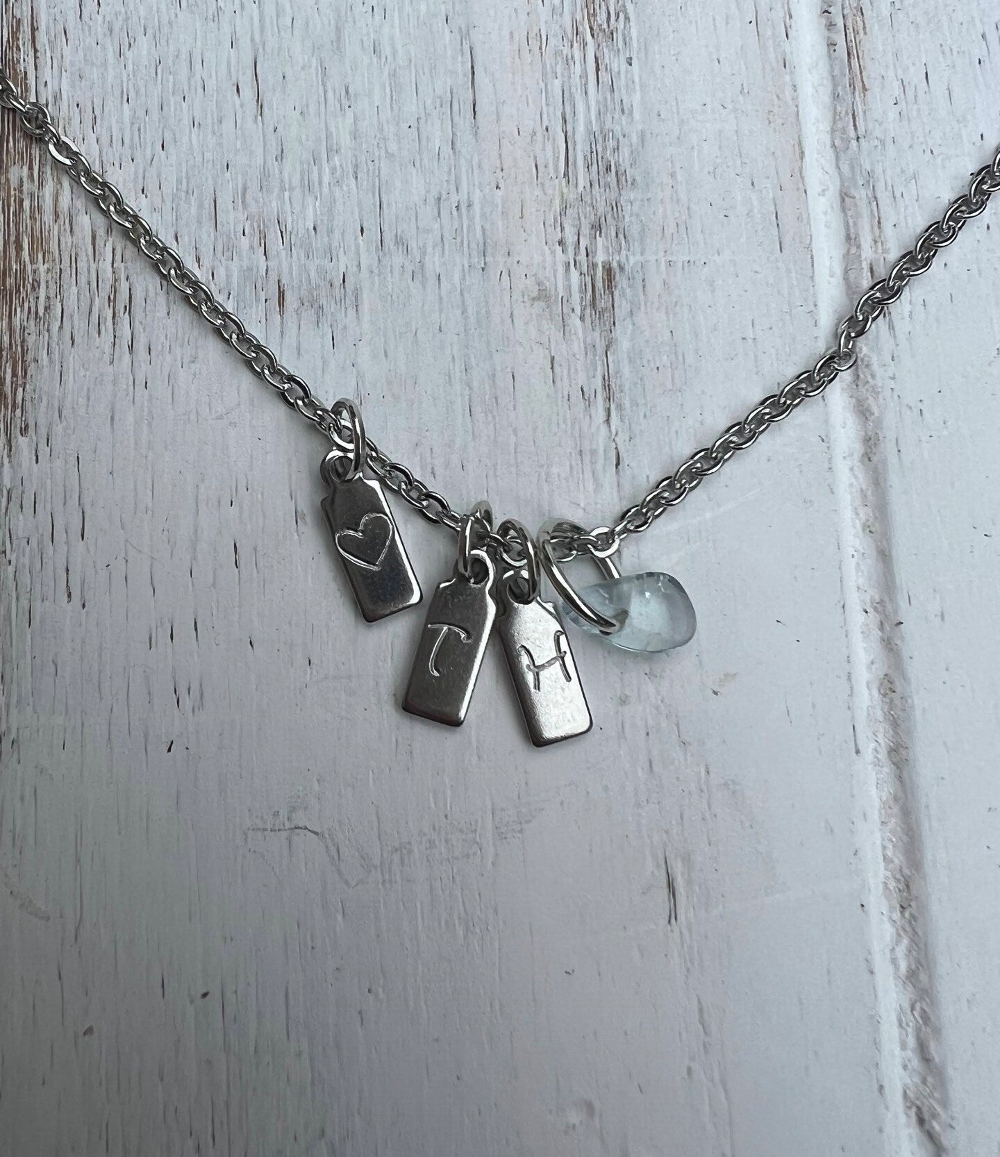 Initial Letter Tiny Charm Necklace Natural Stone Small Handmade Personalized Etched Stamped Mom Sister Silver Gold Stainless