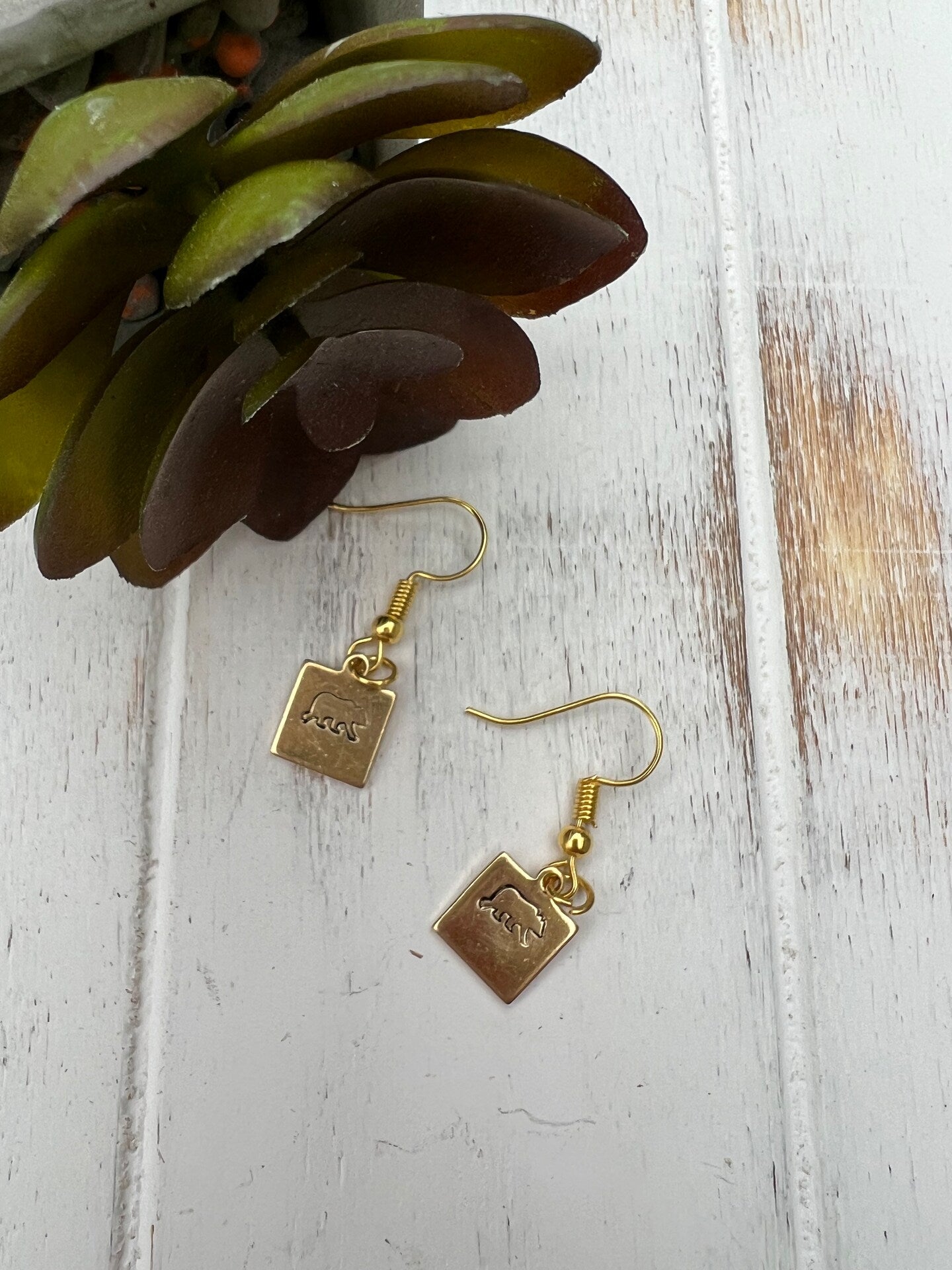 Grizzly Brown Mama Bear Earrings Small Dainty Simple Square Dangle Drop Simple Gold Silver Stamp Etched Handmade Engraved