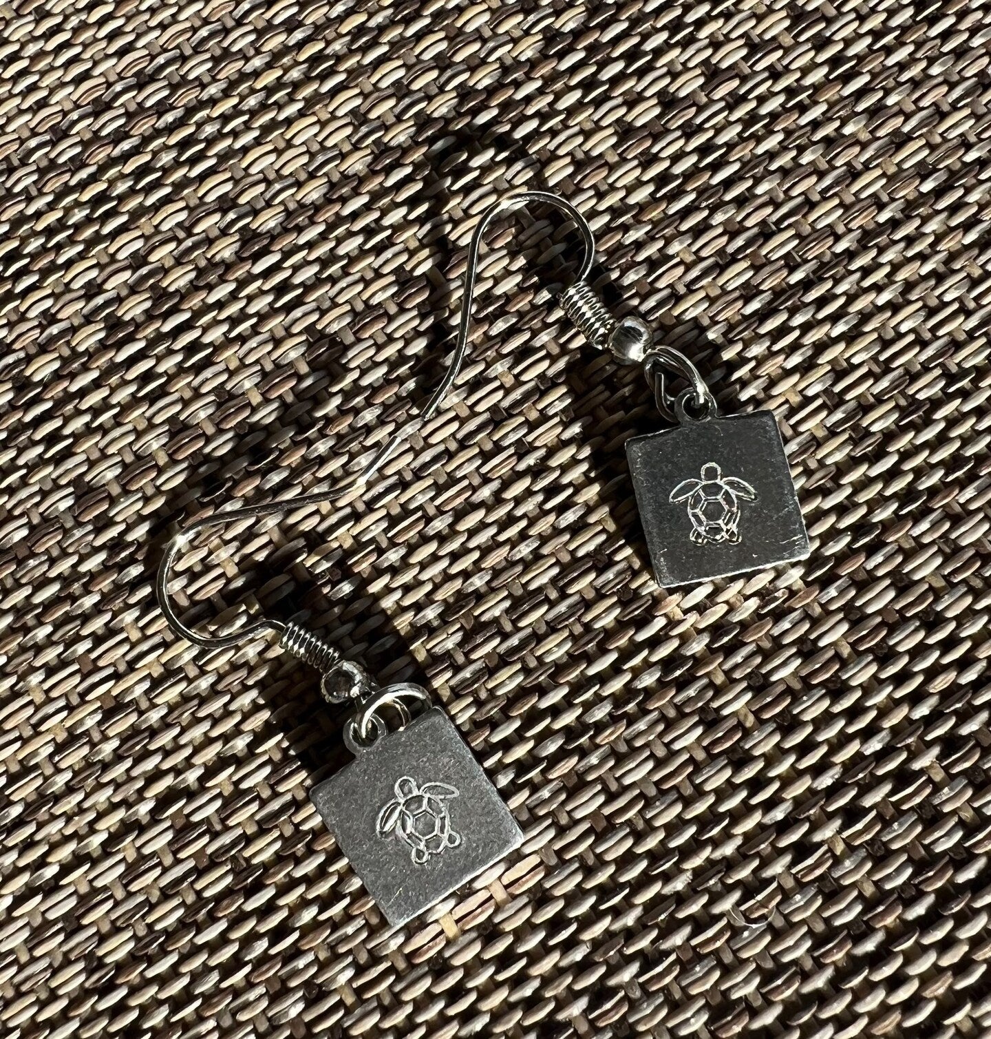 Handmade Sea Turtle Tortoise Tiny Dainty Dangle Earring Square Stamped Etched Metal Gold Silver Minimalist