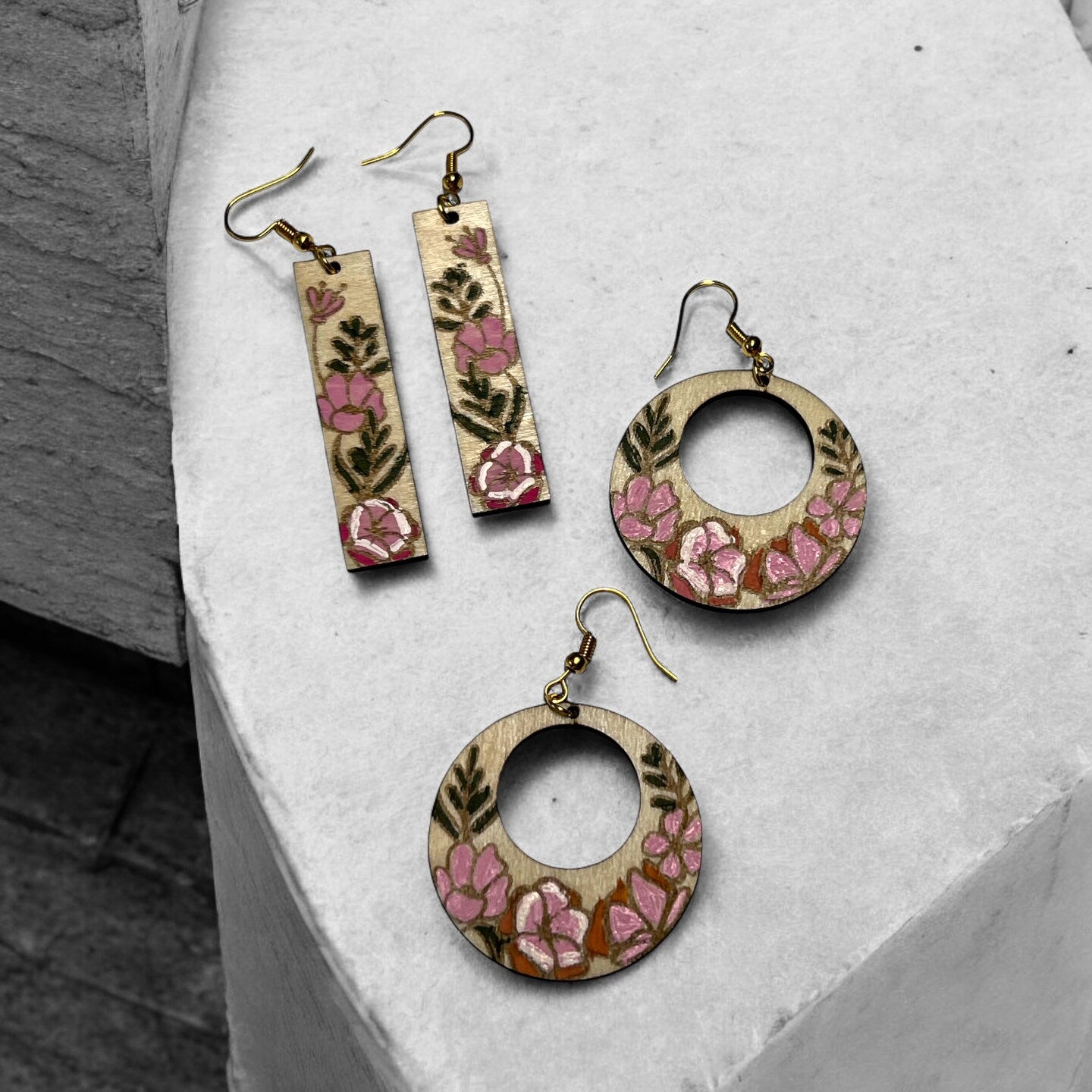 Hand Painted Floral Spring Wood Dangle Earrings Round Column Natural Boho Botanical Flower