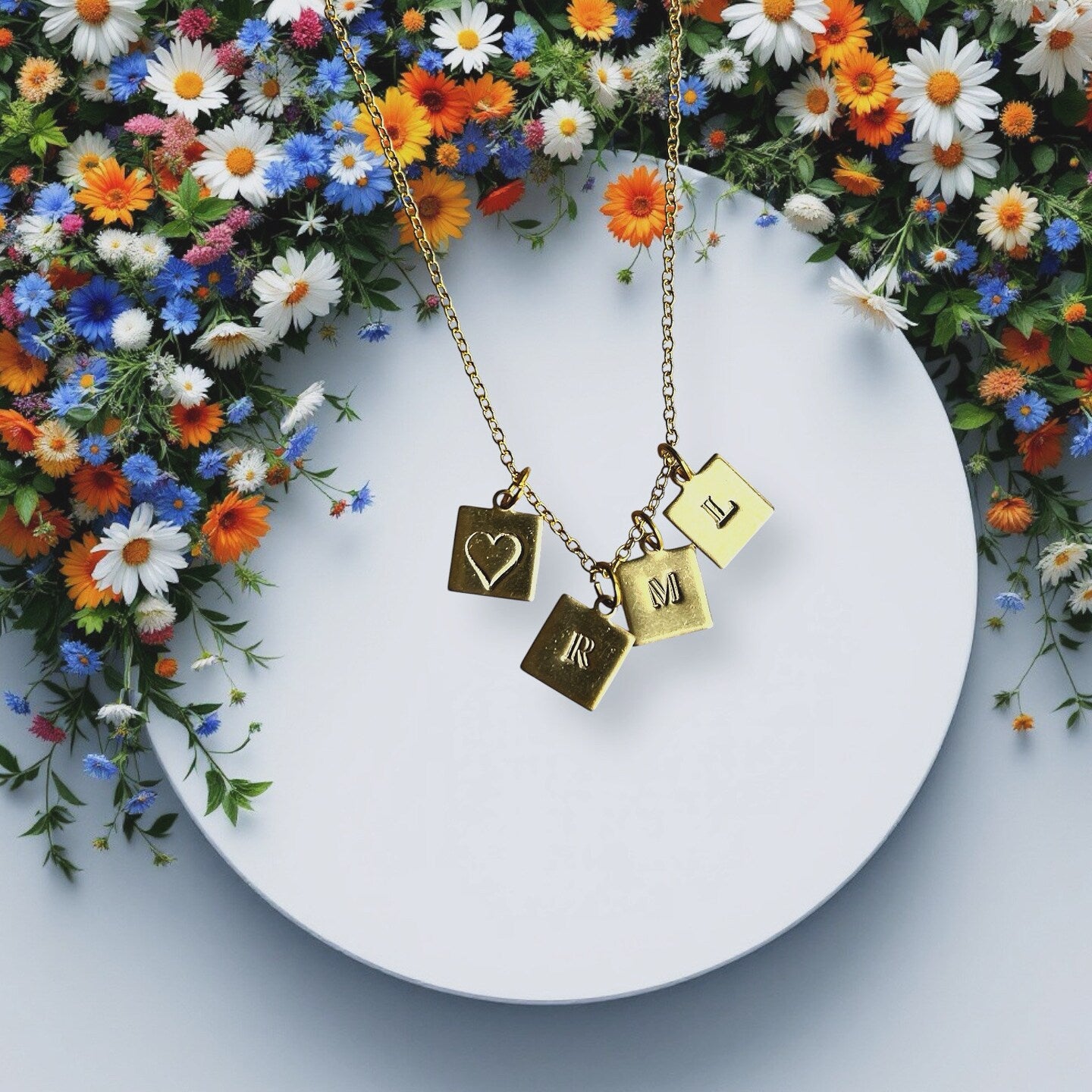 Initial Charm Square Heart Necklace Personalized Tiny Small Etched Stamped Handmade Minimalist Boho Mothers Necklace Couples Necklace