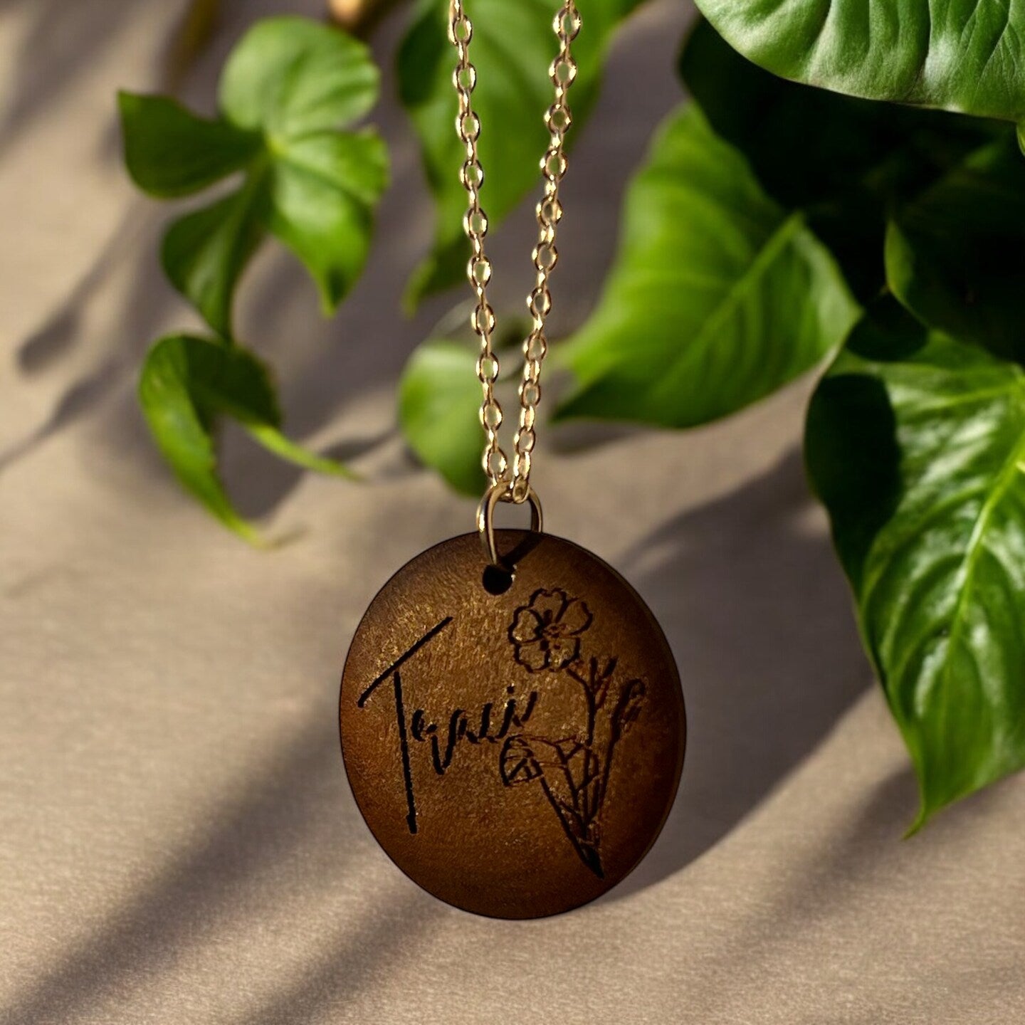 Personalized Engraved Wood Walnut Birthflower Name Floral Flower Necklace Round Circle Disc Pendant Gold Silver