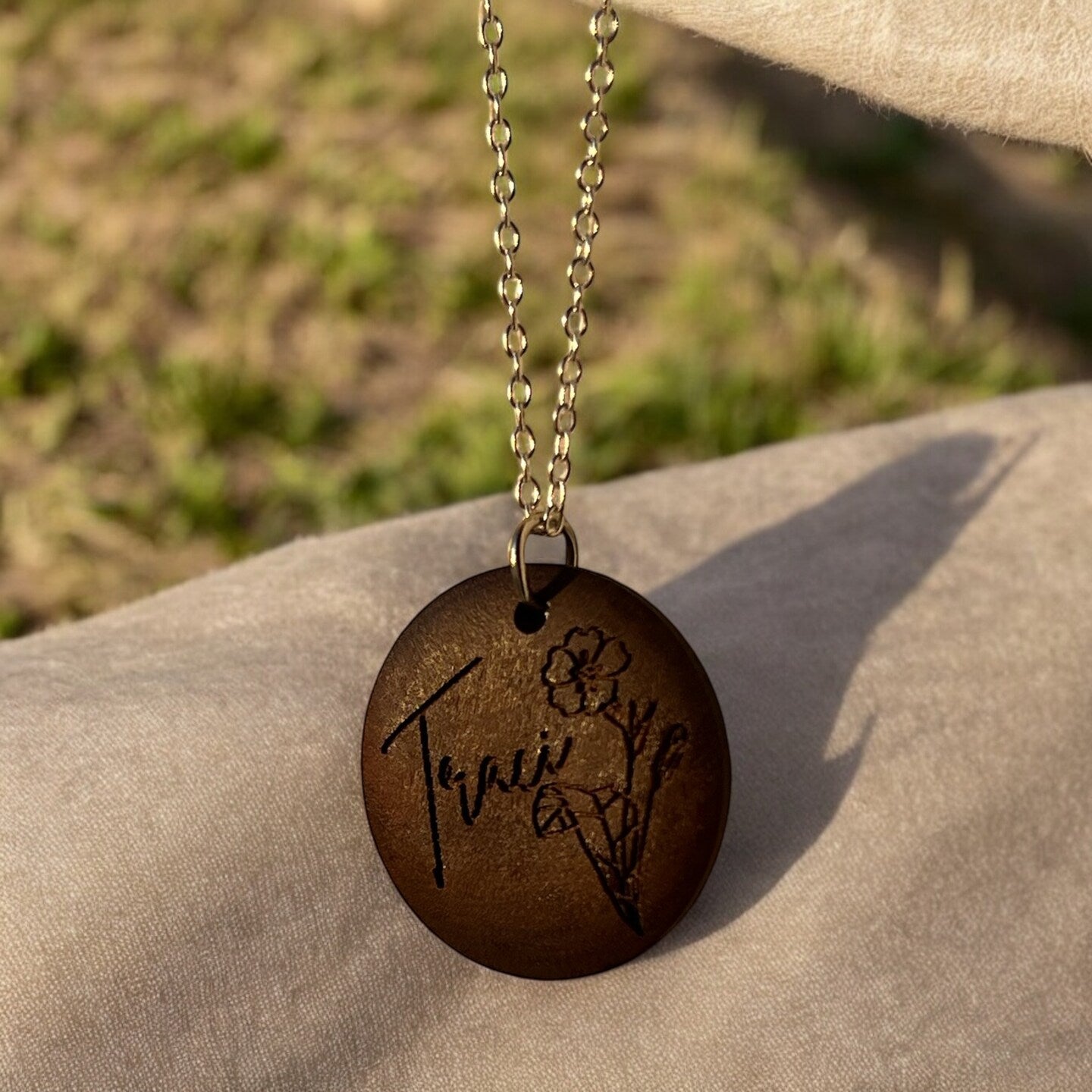 Personalized Engraved Wood Walnut Birthflower Name Floral Flower Necklace Round Circle Disc Pendant Gold Silver