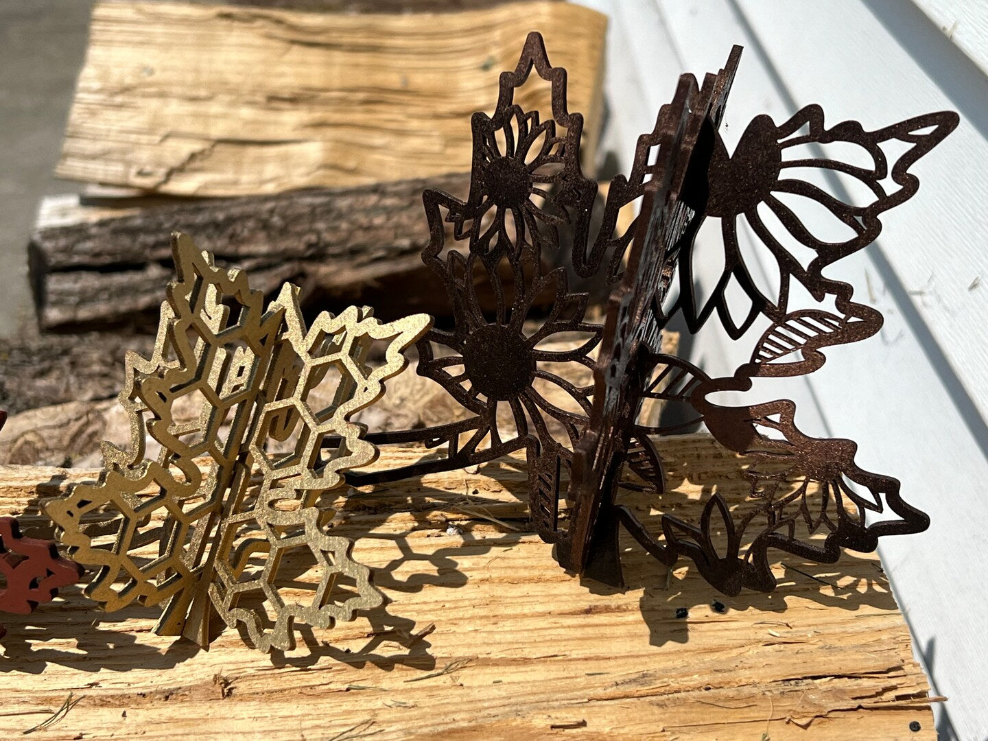 Wood Leaves Fall Autumn Table Decor Boho Farmhouse Painted Copper Bronze Gold Red Handmade Custom