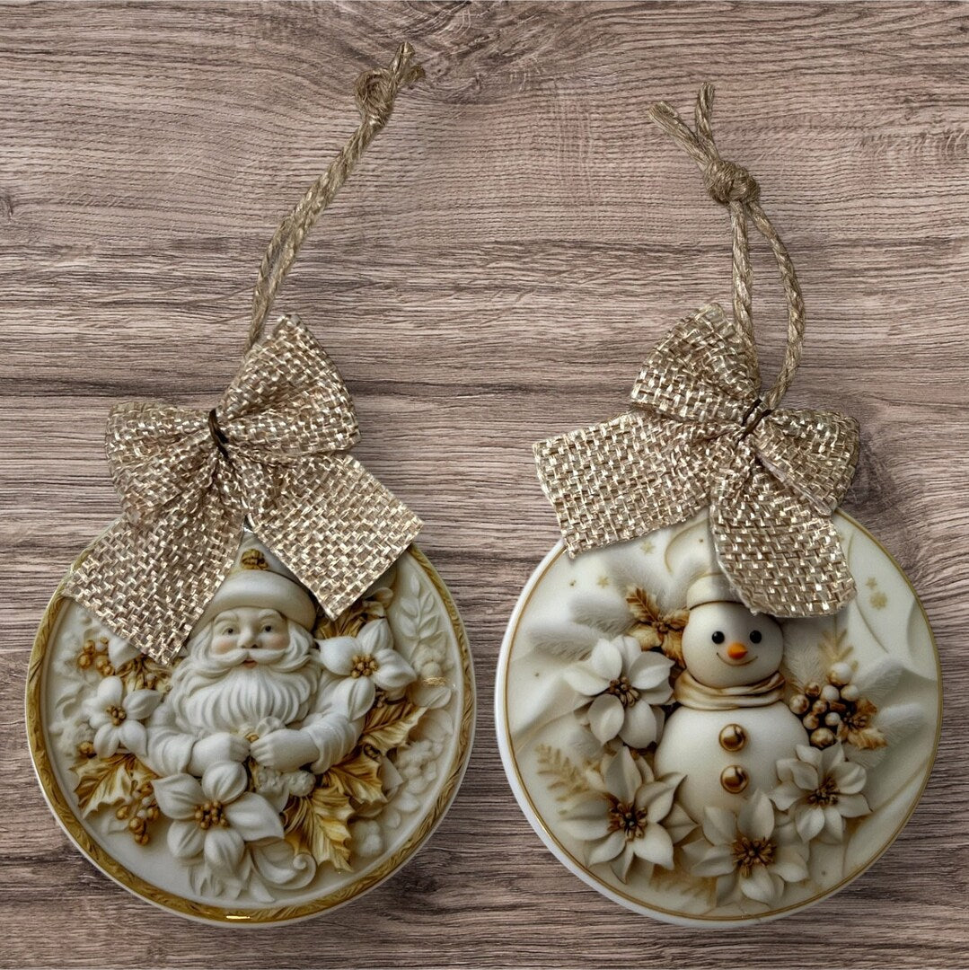 Ceramic Christmas Circle Ornaments 3D Effect Gold White Round Personalized Holiday Santa Snowman Tree Angel Reindeer Village