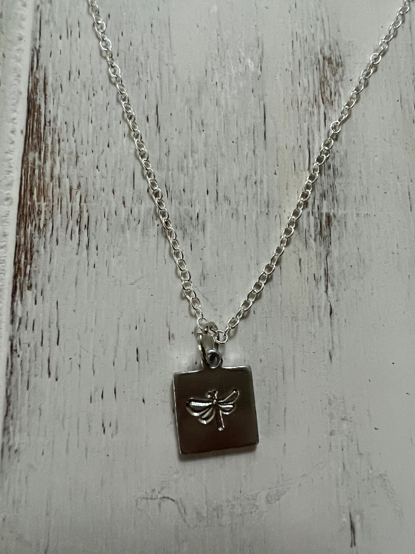 Firefly Dragonfly Tiny Pendant Necklace Handmade Minimalist Square Plate Silver Gold Stamped Engraved