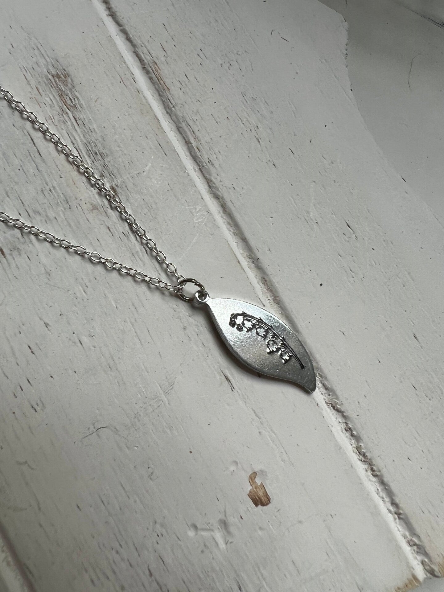 Handmade Lily of the Valley Spring Flower Necklace Pendant Leaf Shaped Plate Metal Silver Gold