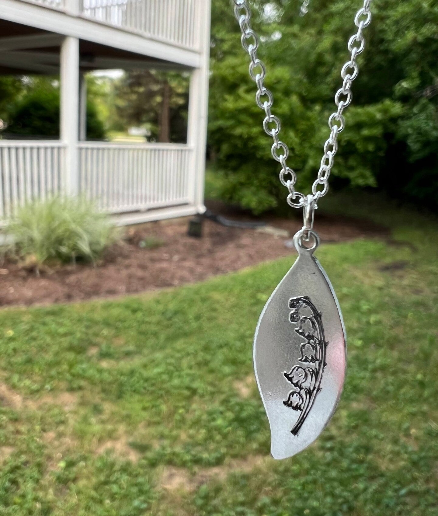 Handmade Lily of the Valley Spring Flower Necklace Pendant Leaf Shaped Plate Metal Silver Gold