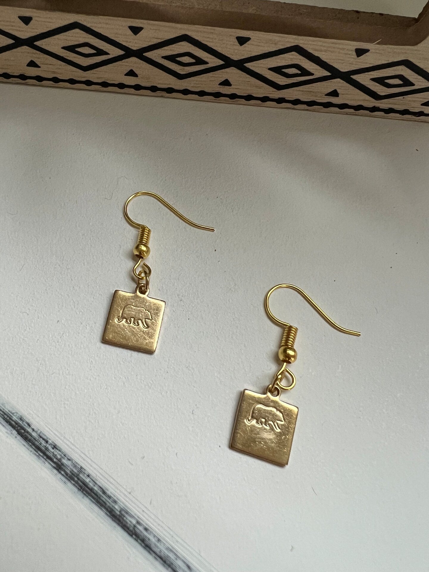 Grizzly Brown Mama Bear Earrings Small Dainty Simple Square Dangle Drop Simple Gold Silver Stamp Etched Handmade Engraved