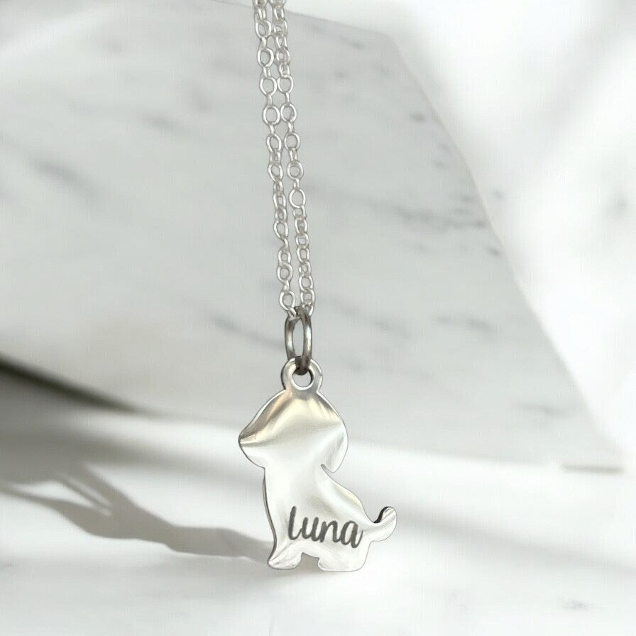 Personalized Dog Charm Pendant Necklace Puppy Dog Mama Mom Silver Gold Name Date Memorial Pet Mom