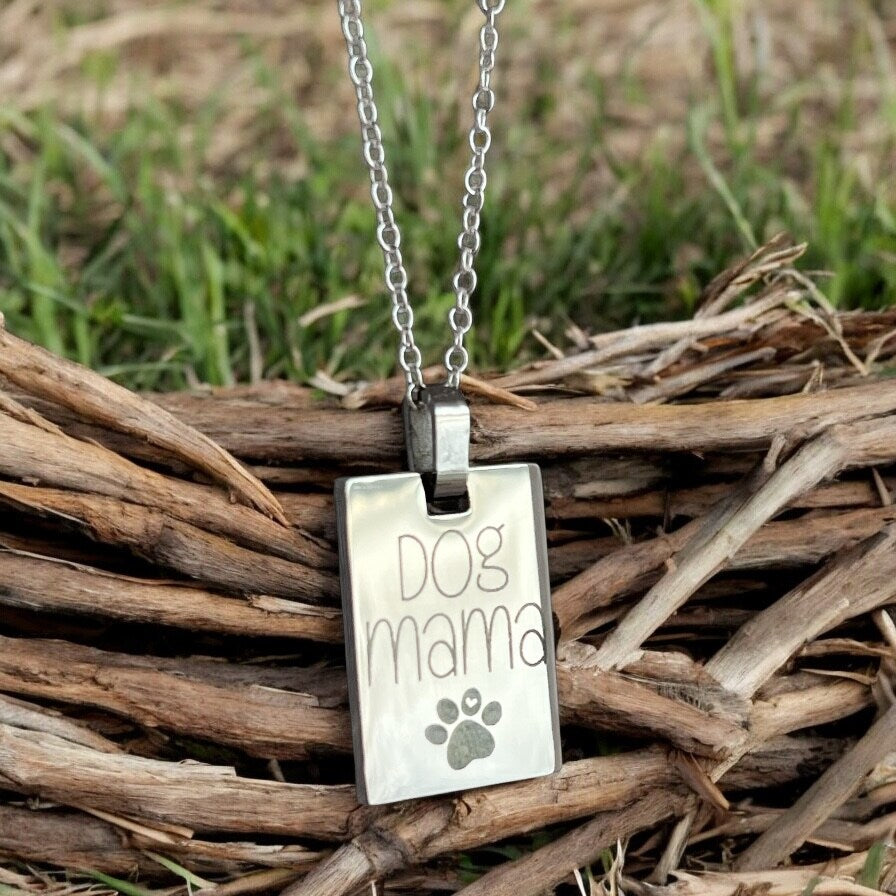 Dog Mama Cat Mama Heart Paw Pendant Charm Necklace Personalized Silver Square Rectangle Pet Mom