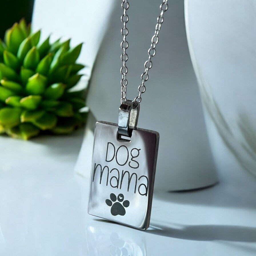 Dog Mama Cat Mama Heart Paw Pendant Charm Necklace Personalized Silver Square Rectangle Pet Mom