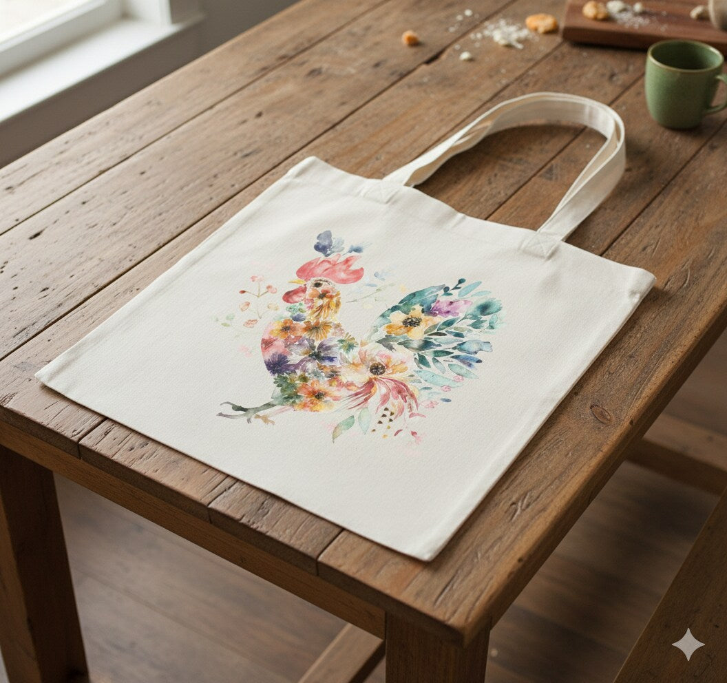 Chicken Tote Bag Hen Rooster Watercolor Flower Floral Spring Personalized Shopping Bag Farm Farmhouse