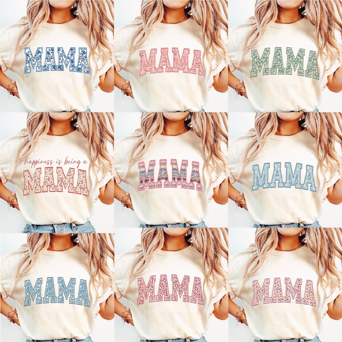 Mama Sweatshirt T-Shirt Crew Neck Retro Floral Cheetah Boho Pink Blue Green Mom Mother Shirt