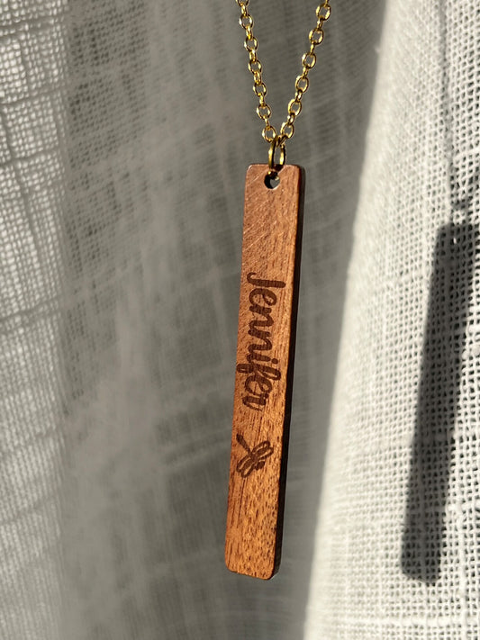 Personalized Wood Necklace Name Flower Butterfly Chicken Dog Giraffe Cow Owl Cat Honeybee Turtle Dolphin Walnut Engraved Column Rectangle