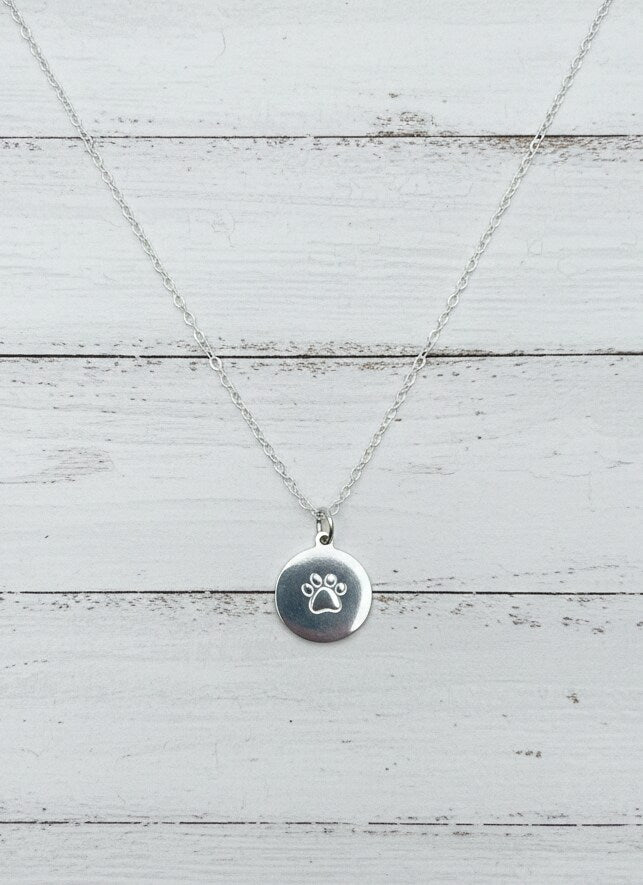 Dog Cat Paw Pet Mom Necklace Circle Coin Disc Engraved Etched Handmade Personalized Stamped Custom Metal Gold Silver
