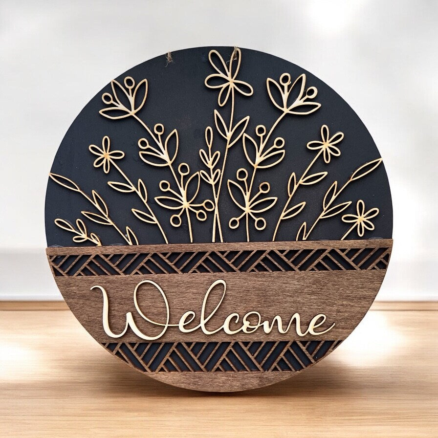 Personalized Wood Welcome front door sign Wild flower Front door sign Wildflower door hanger Custom Family Name Handmade
