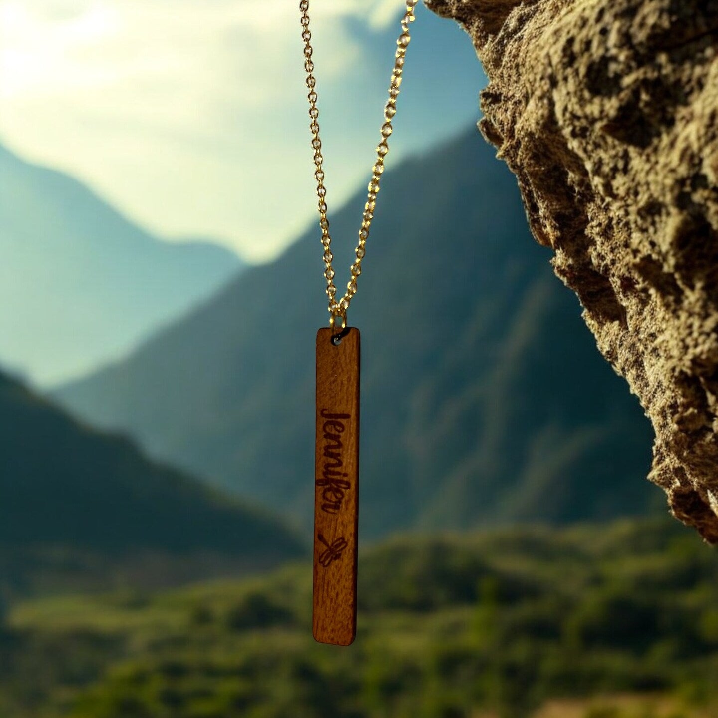 Personalized Wood Necklace Name Flower Butterfly Chicken Dog Giraffe Cow Owl Cat Honeybee Turtle Dolphin Walnut Engraved Column Rectangle