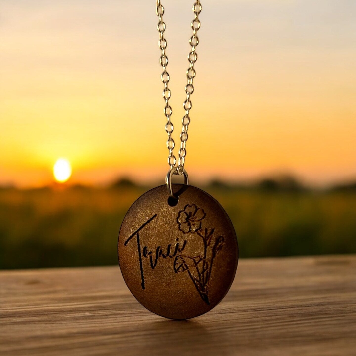 Personalized Engraved Wood Walnut Birthflower Name Floral Flower Necklace Round Circle Disc Pendant Gold Silver
