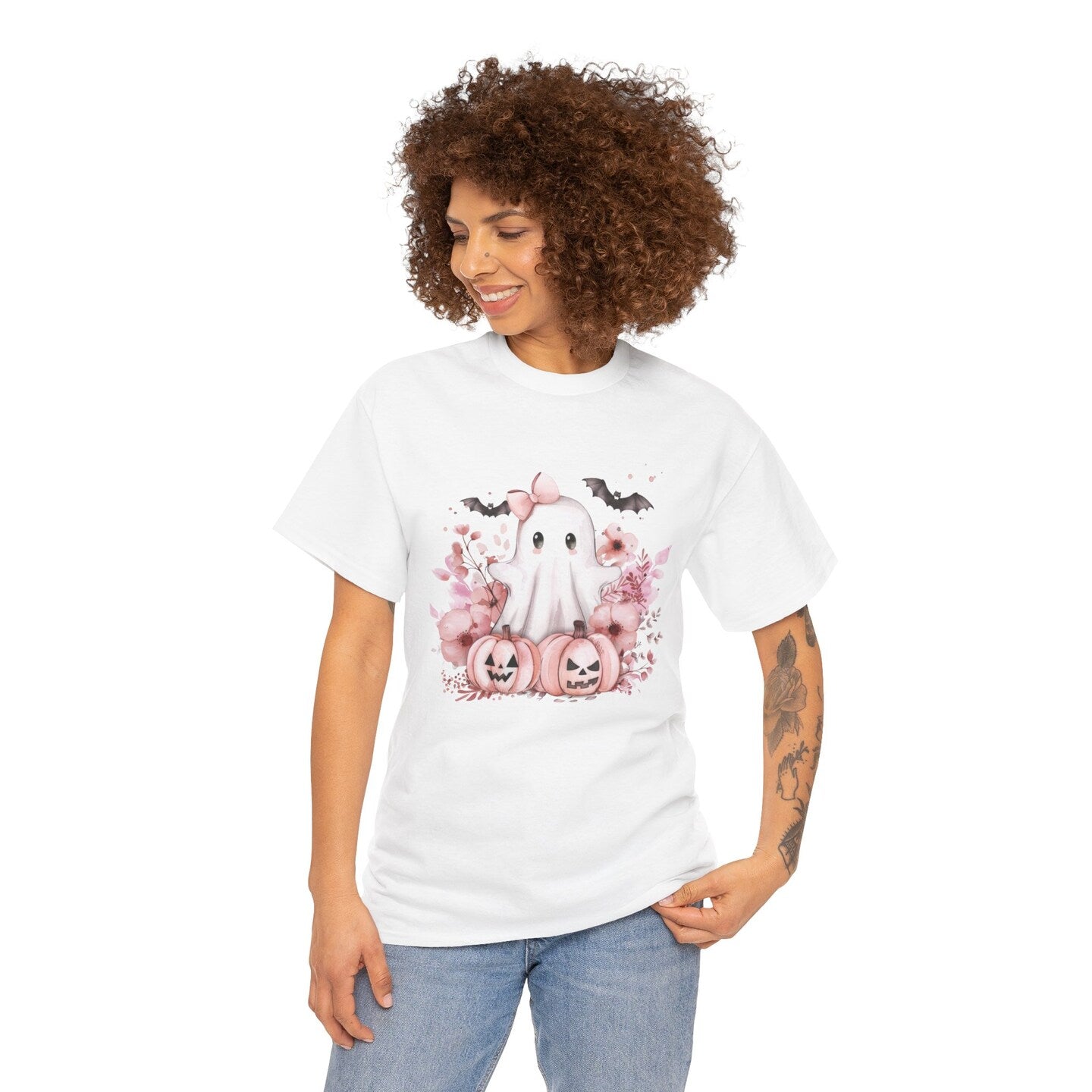 Pumpkin Ghost Ribbon Bows T-Shirt Sweatshirt Halloween Fall Autumn Pink Girly Watercolor Coquette Bow
