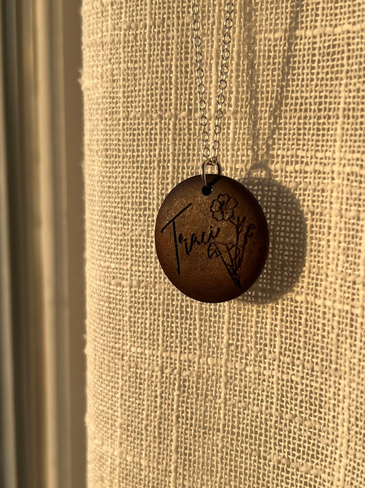 Personalized Engraved Wood Walnut Birthflower Name Floral Flower Necklace Round Circle Disc Pendant Gold Silver
