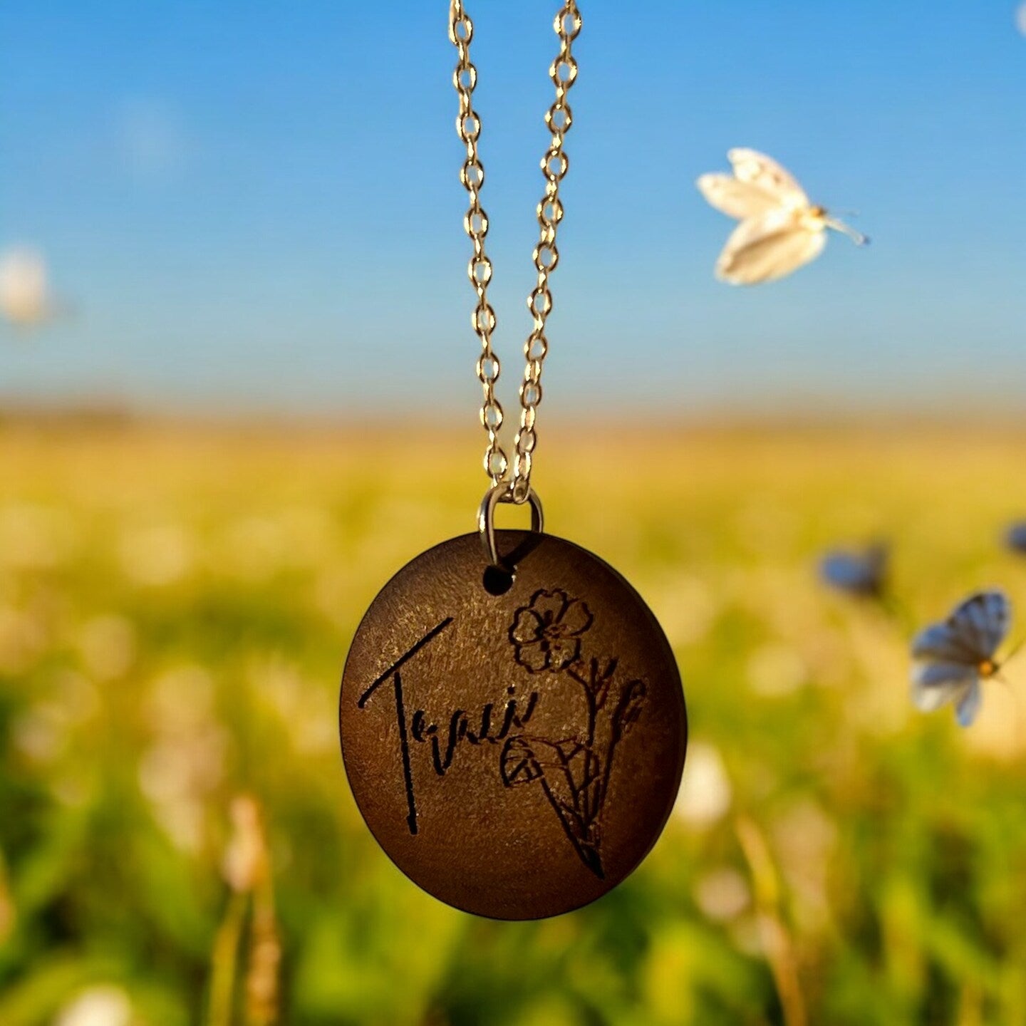 Personalized Engraved Wood Walnut Birthflower Name Floral Flower Necklace Round Circle Disc Pendant Gold Silver