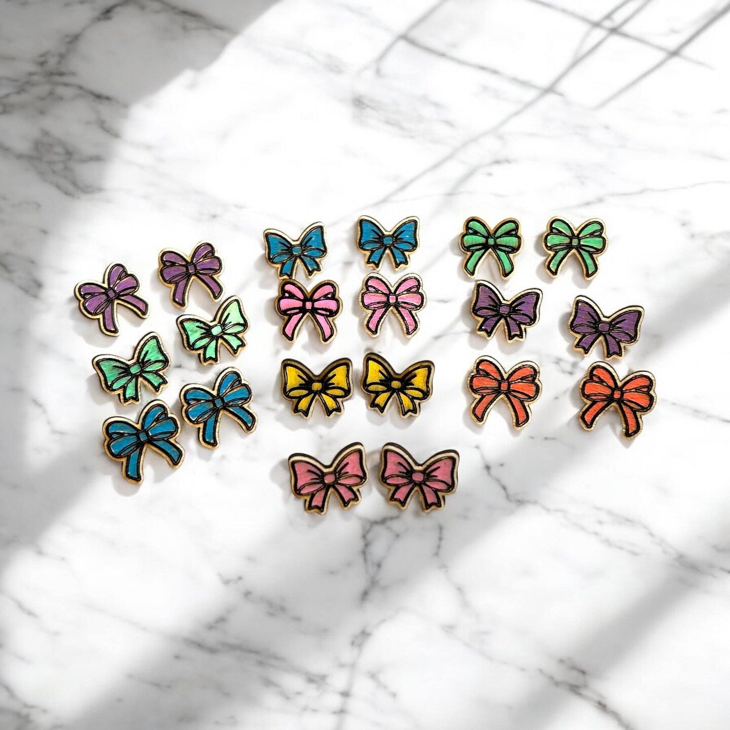 Hand Painted Wood Bow Stud Earrings Set Cheerleader Cheer Bow Coquette Bow Pink Blue Purple White