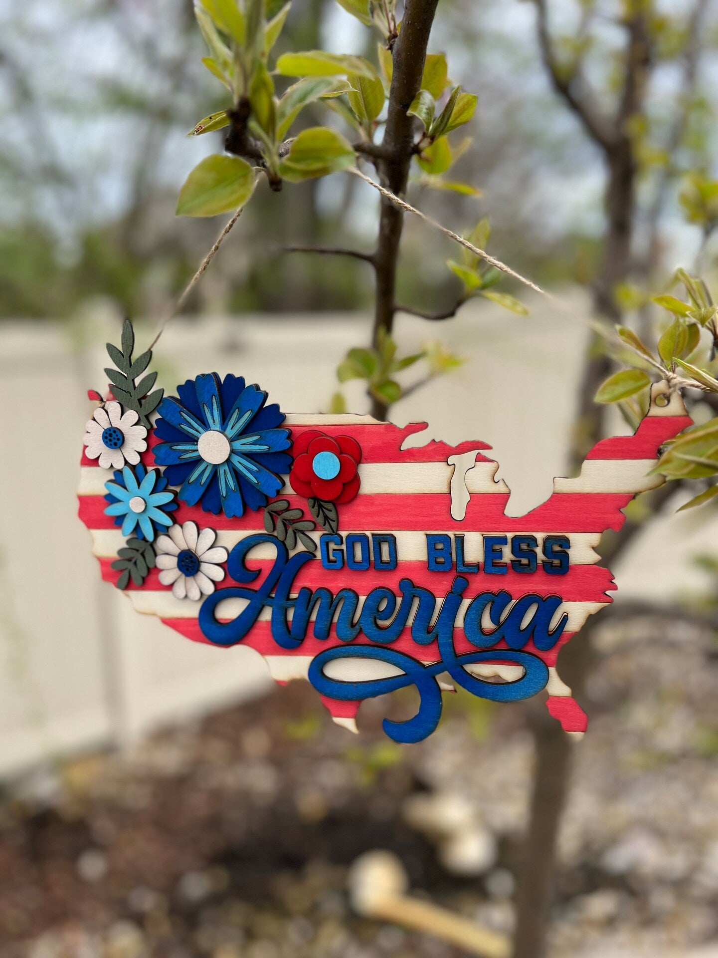 God Bless America Wood Door Sign Wall Sign Home Decor 4th of July Patriotic Memorial Day American Flag Floral Red White Blue