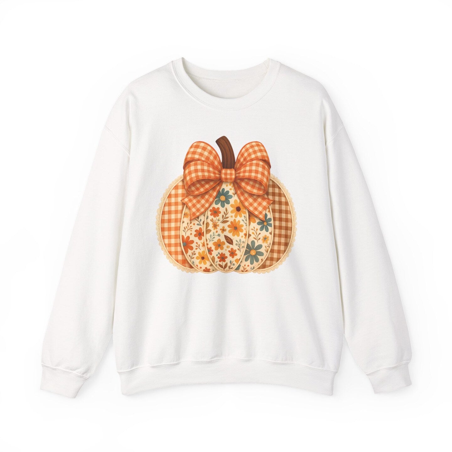 Pumpkin Crew Neck Sweatshirt Floral Gingham Plaid Coquette Bow Orange Fall Autumn Farm Country
