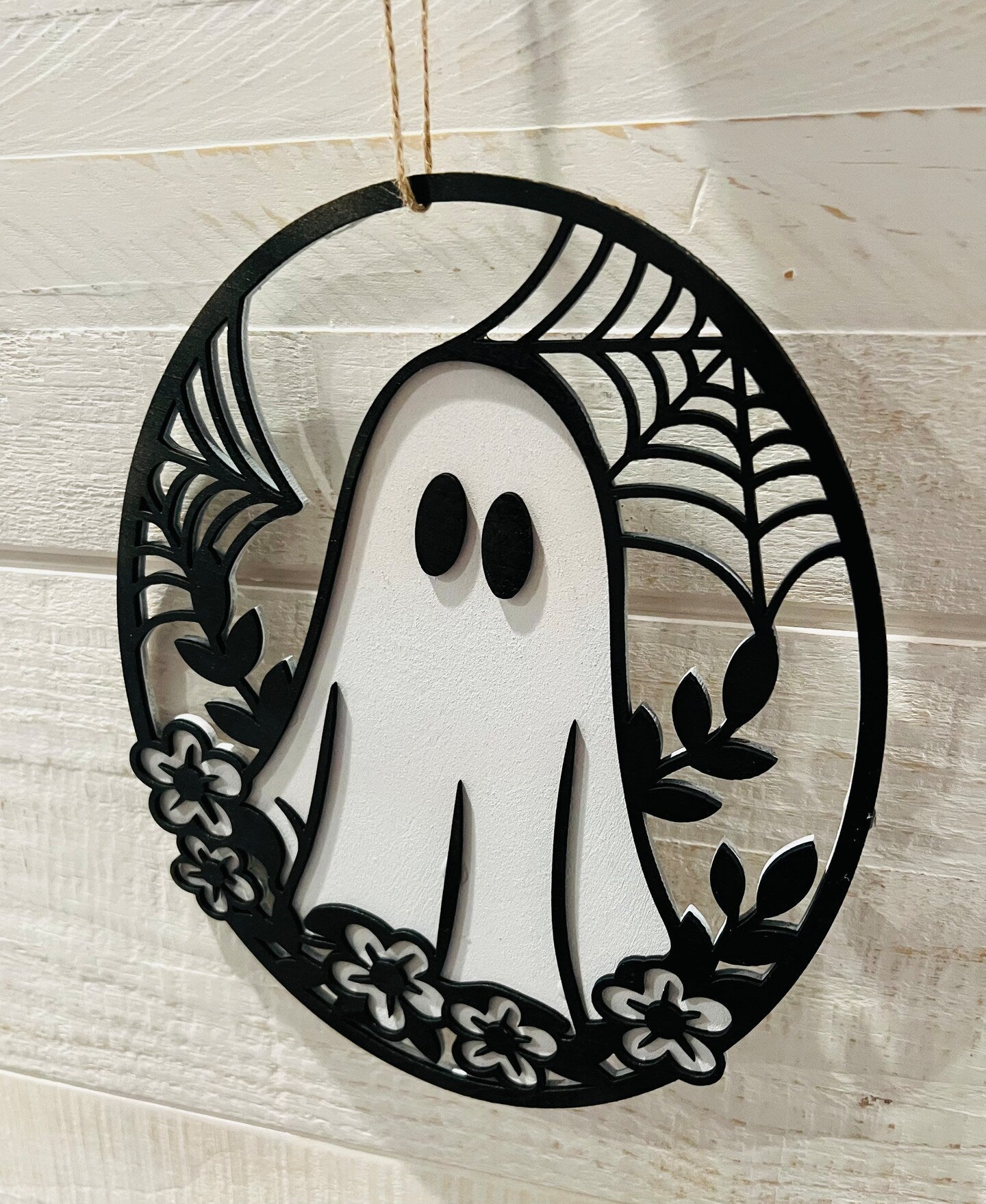 Wood Ghost Floral Spiderweb Wall Hanging Wall Decor Boho Farmhouse Black White Halloween Autumn Fall Wall Art Pink