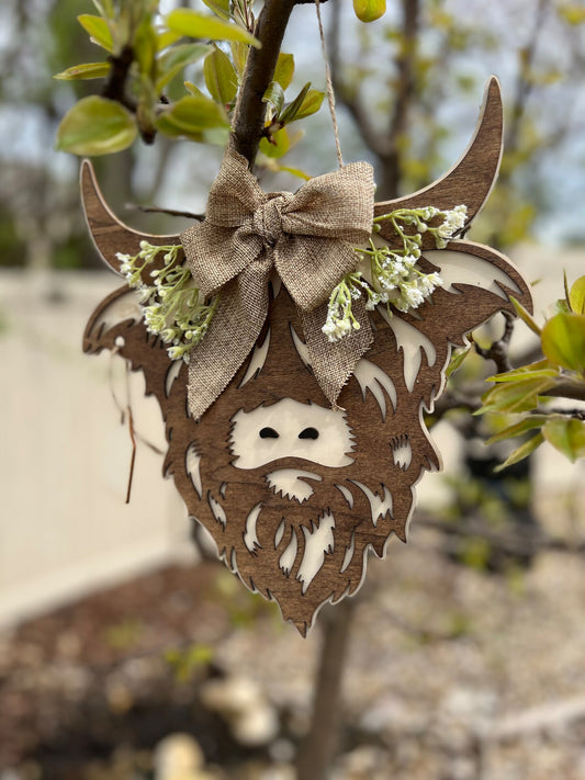 Highland Cow Mini Cow Furry Cow Wood Wall Sign Door Sign Rustic Farmhouse Boho Personalized Christmas Holiday