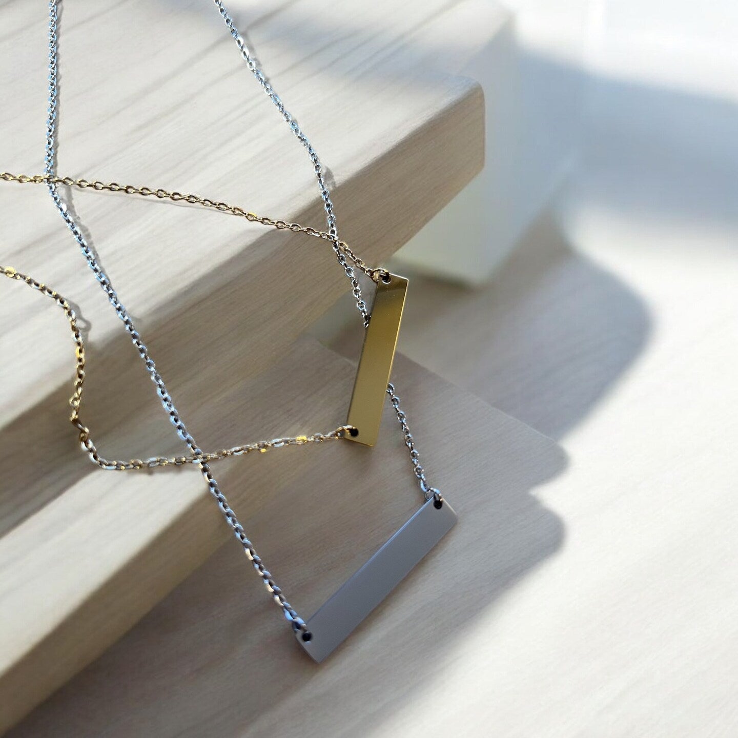 Botanical Name Bar Personalized Necklace Leaves Rectangle Gold Silver Stainless Metal