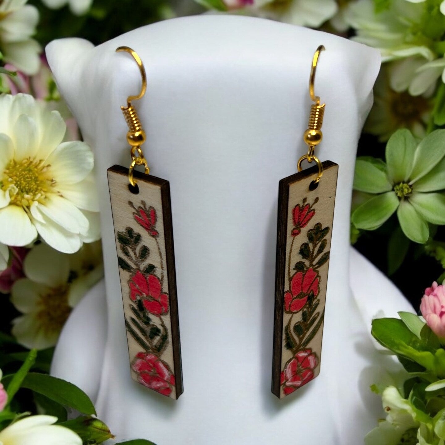 Hand Painted Floral Spring Wood Dangle Earrings Round Column Natural Boho Botanical Flower