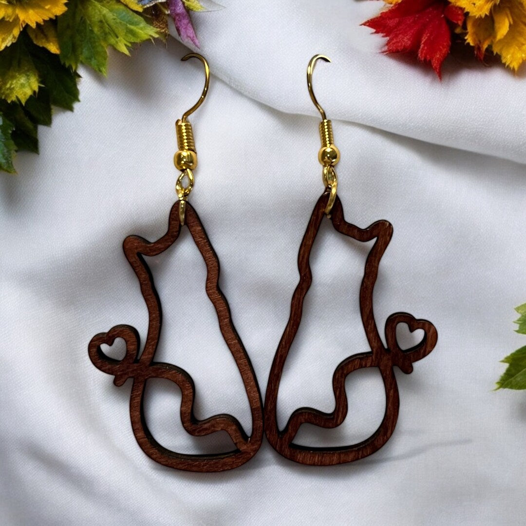 Wood Cat Earrings Kitty Kitten Dangle Whimsical Swirl Tail Heart Tail Line Drawing Cat Lover