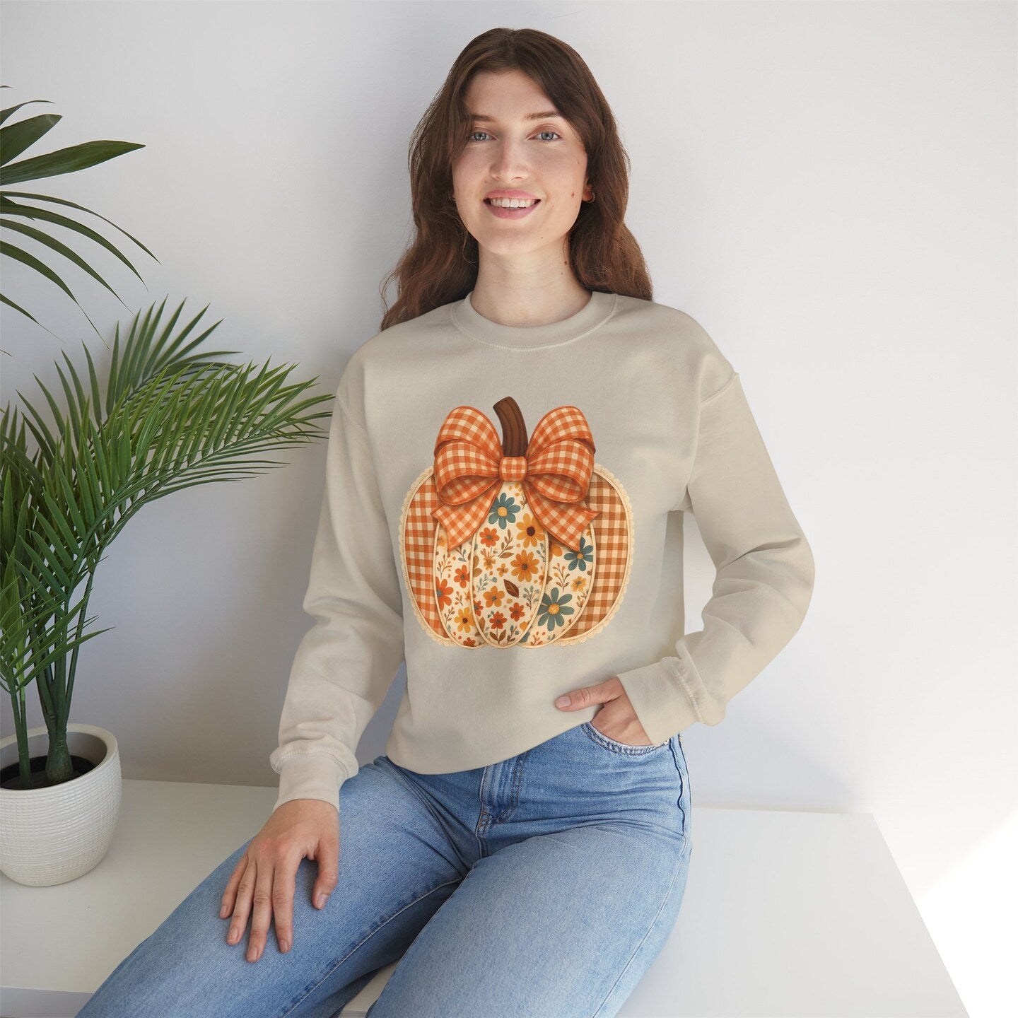 Pumpkin Crew Neck Sweatshirt Floral Gingham Plaid Coquette Bow Orange Fall Autumn Farm Country
