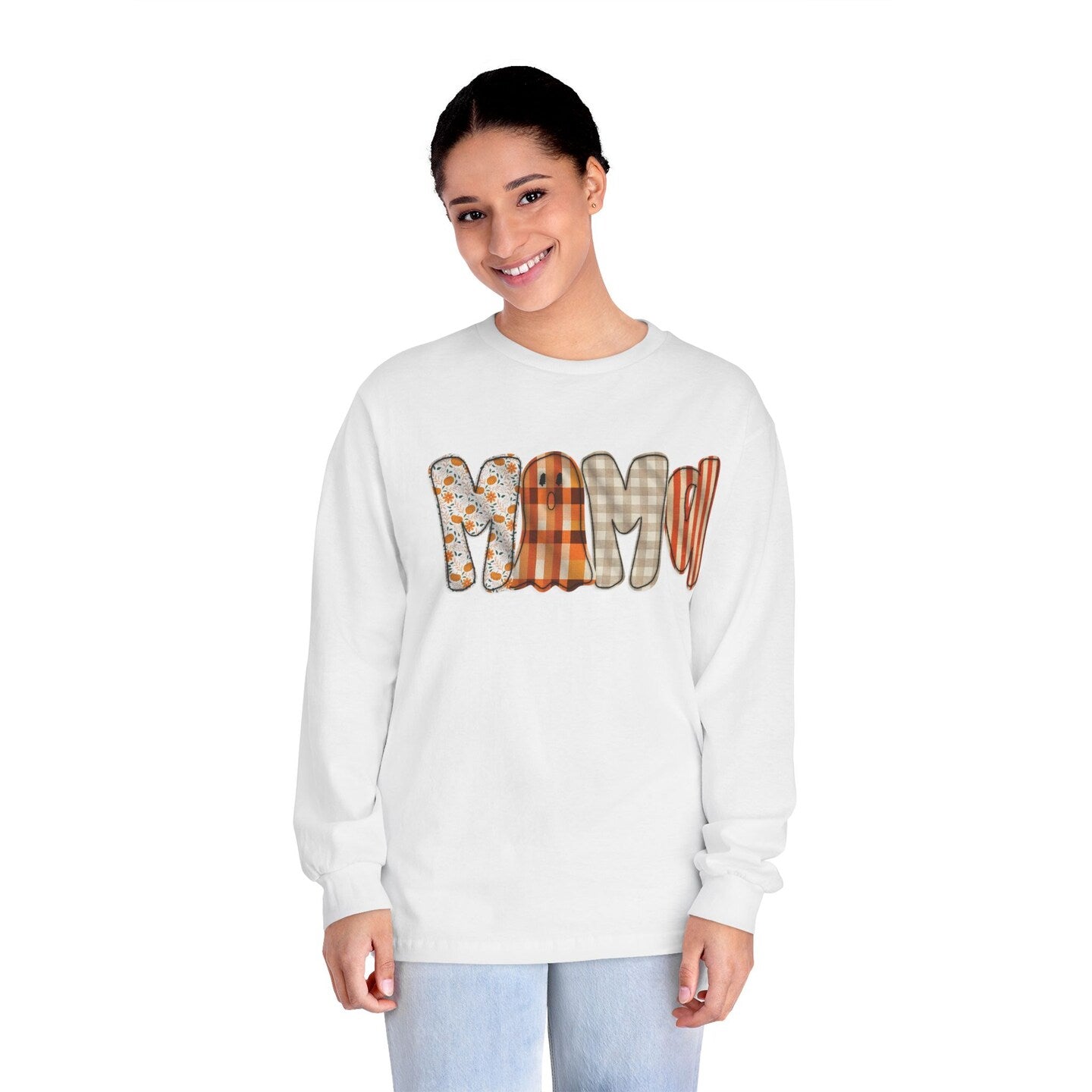 Halloween Fall Mama Gingham Plaid Long Sleeve T-Shirt Ghost Faux Embroidered Orange Brown Shirt