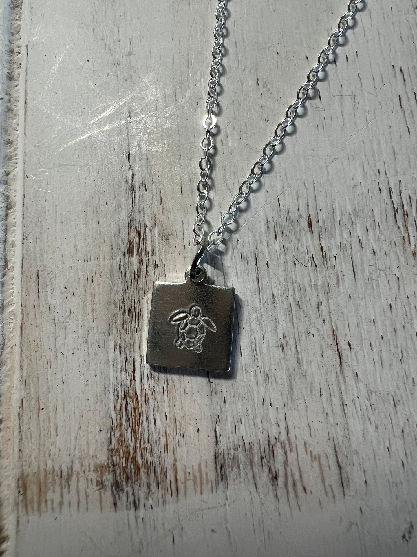 Sea Turtle Tortoise Necklace Pendant Square Tiny Minimalist Metal Gold Silver Boho Metal Stamped Engraved