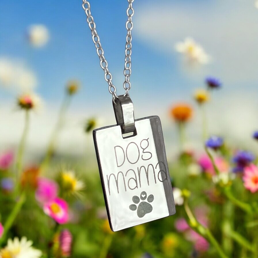Dog Mama Cat Mama Heart Paw Pendant Charm Necklace Personalized Silver Square Rectangle Pet Mom